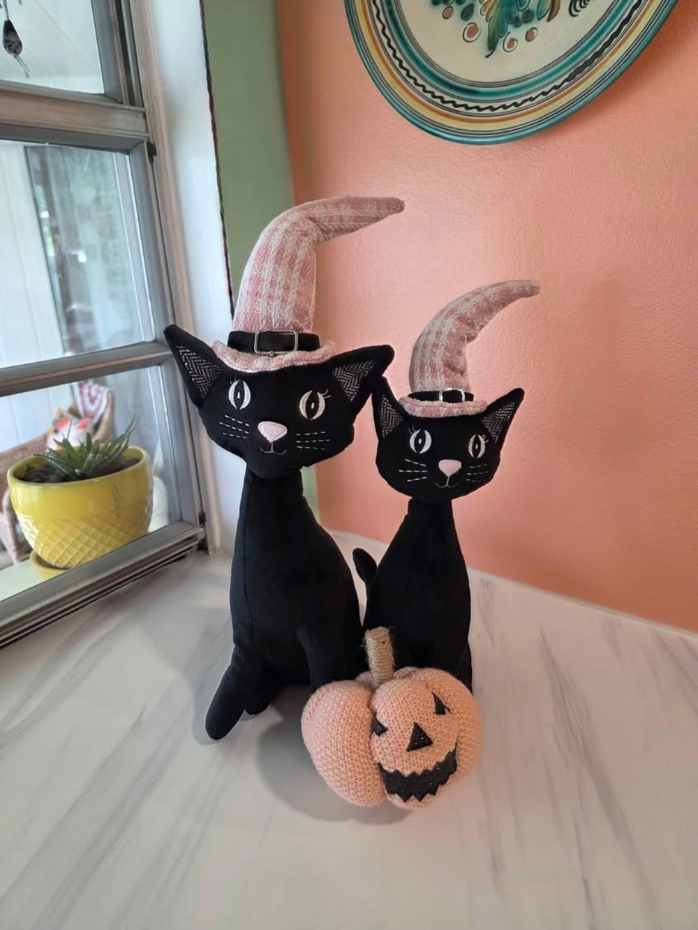 T.J.Maxx Black Witch Cat Plush Duo with Pink Hats and Knit Pumpkin